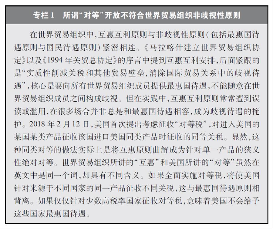 （圖表）[&ldquo;中美經(jīng)貿(mào)摩擦&rdquo;白皮書]專欄1 所謂&ldquo;對(duì)等&rdquo;開放不符合世界貿(mào)易組織非歧視性原則